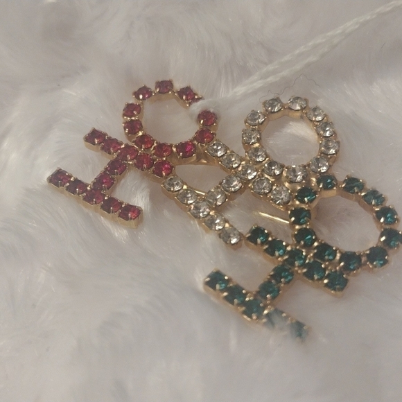 VINTAGE Christmas hohoho brooch red clear and green stones 1/2" - Picture 3 of 4